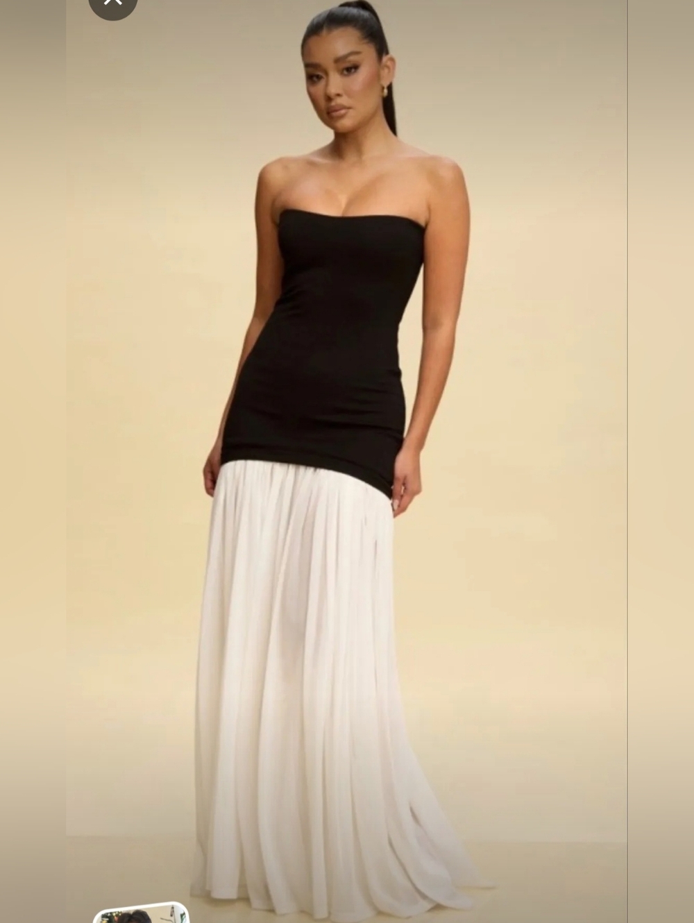 Strapless Black Bodice with Flowing White Skirt Maxi Dress